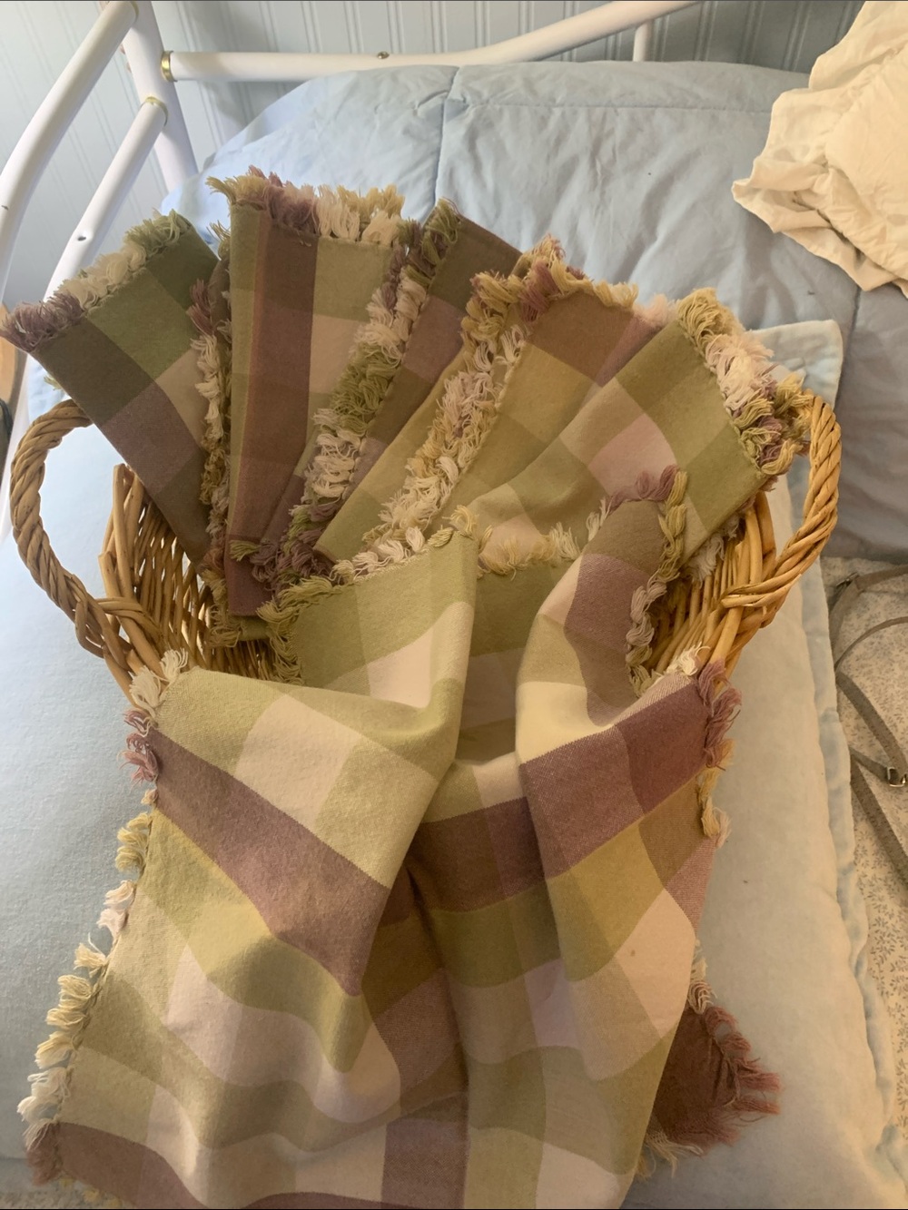 Soft Plaid Fringe cotton napkins in Sage,purple& Cream